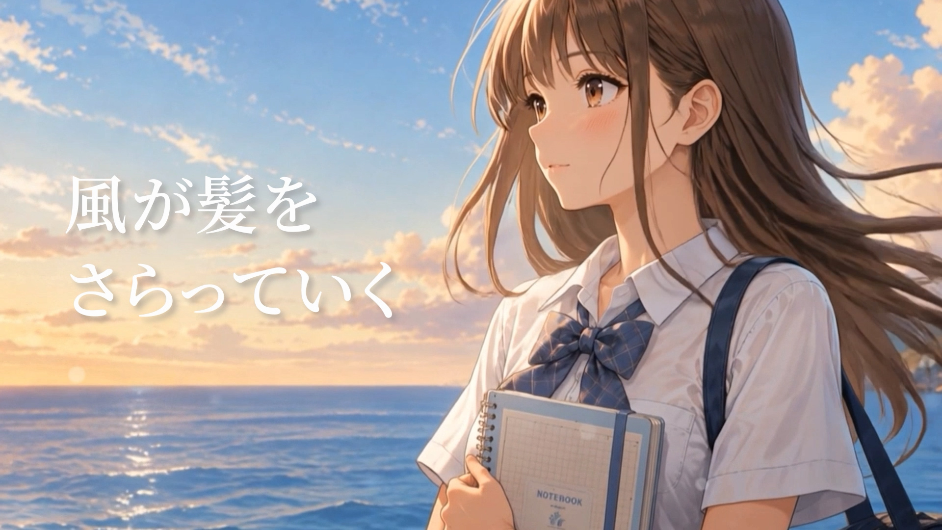 夕暮れの海辺でノートを抱える女の子。風が髪をさらっていく。